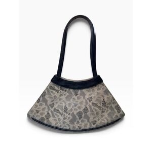 Roberto Vascon Vintage Black Cream Floral Lace Fan Shaped Shoulder Bag Leather